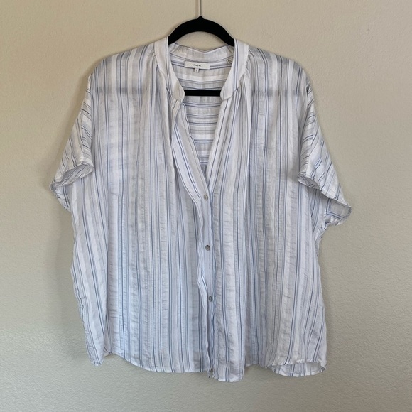 Vince Drapey striped shirred blouse women’s large EUC white blue runs big - Picture 1 of 5